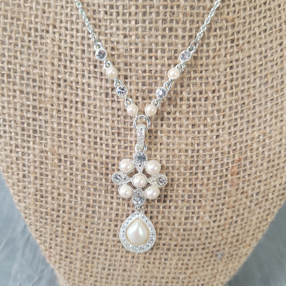 Trifari Pendant Necklace Women Silver Faux Pearl Crystal Teardrop Floral Jewelry